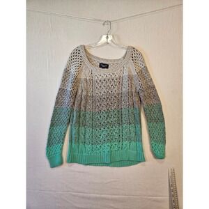 American Eagle Womens Ombre Cable Knit Sweater Grey Mint Green Scoop Neck L 2852